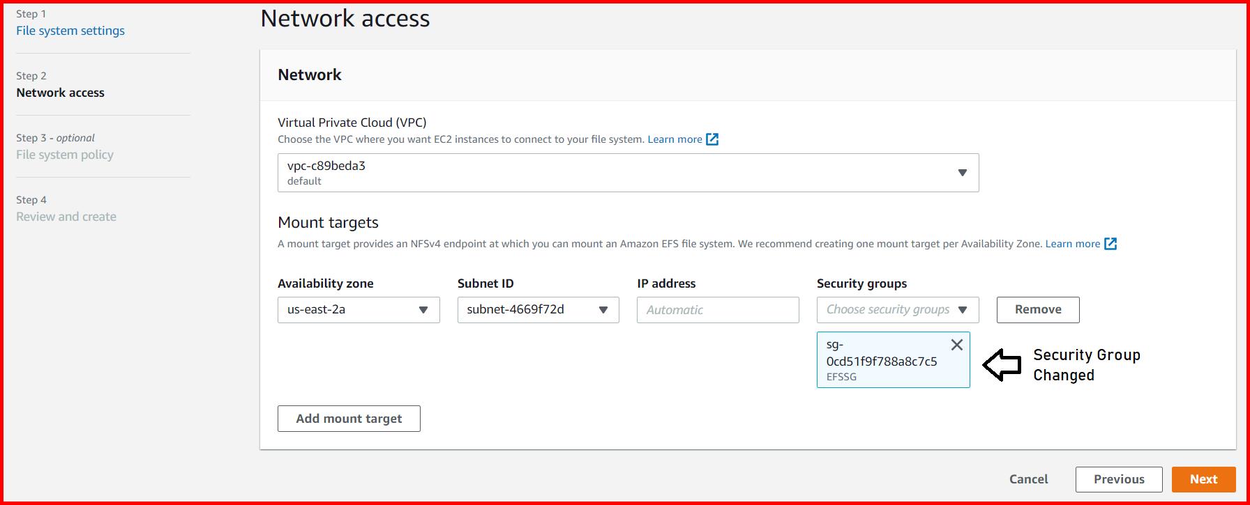 Picture showing the Network Access tab while creating EFS